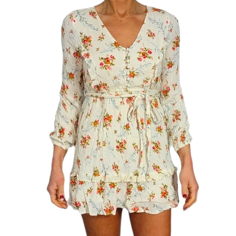 Sim&Sam Floral Long Sleeve Mini Dress Size Small White Pink